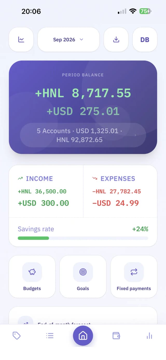 FynQ summary screen showing the period balance, income, expenses and savings rate